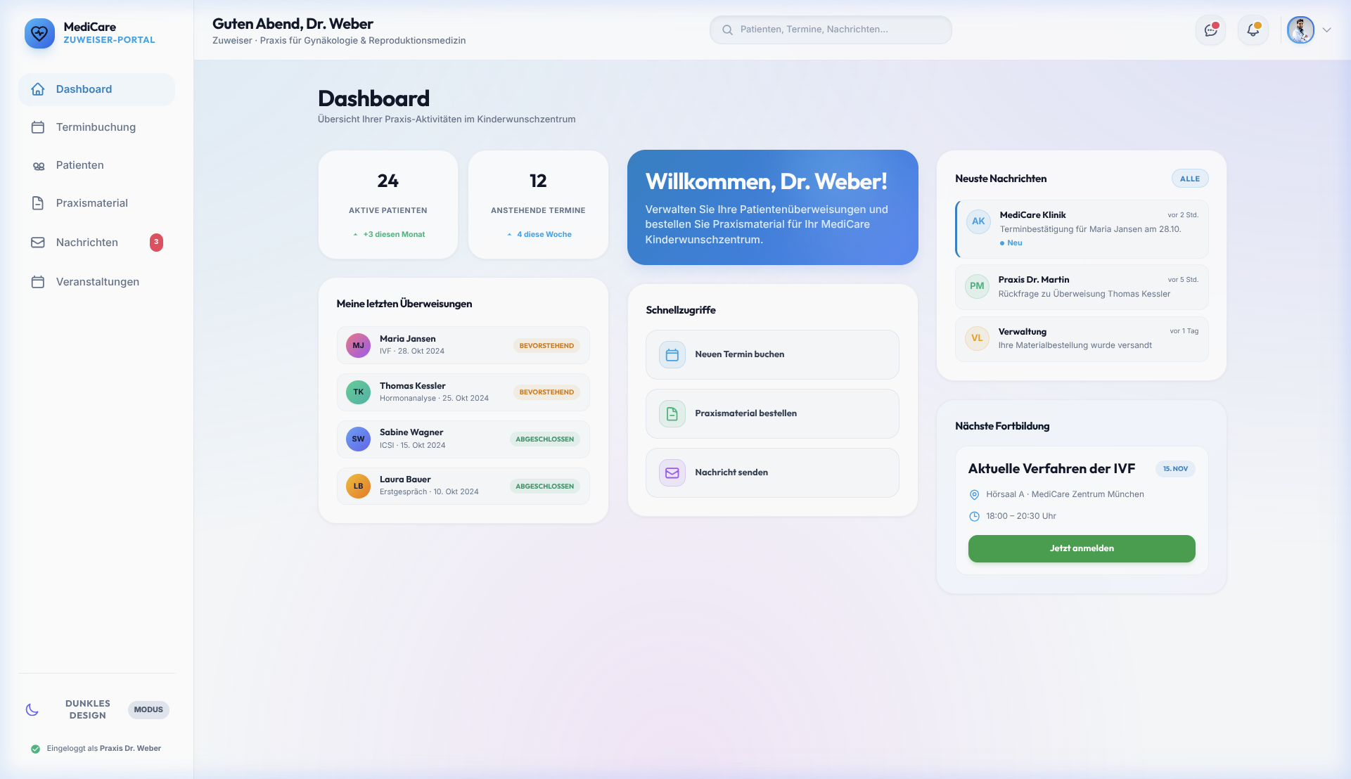 Zuweiserportal Dashboard Echtansicht