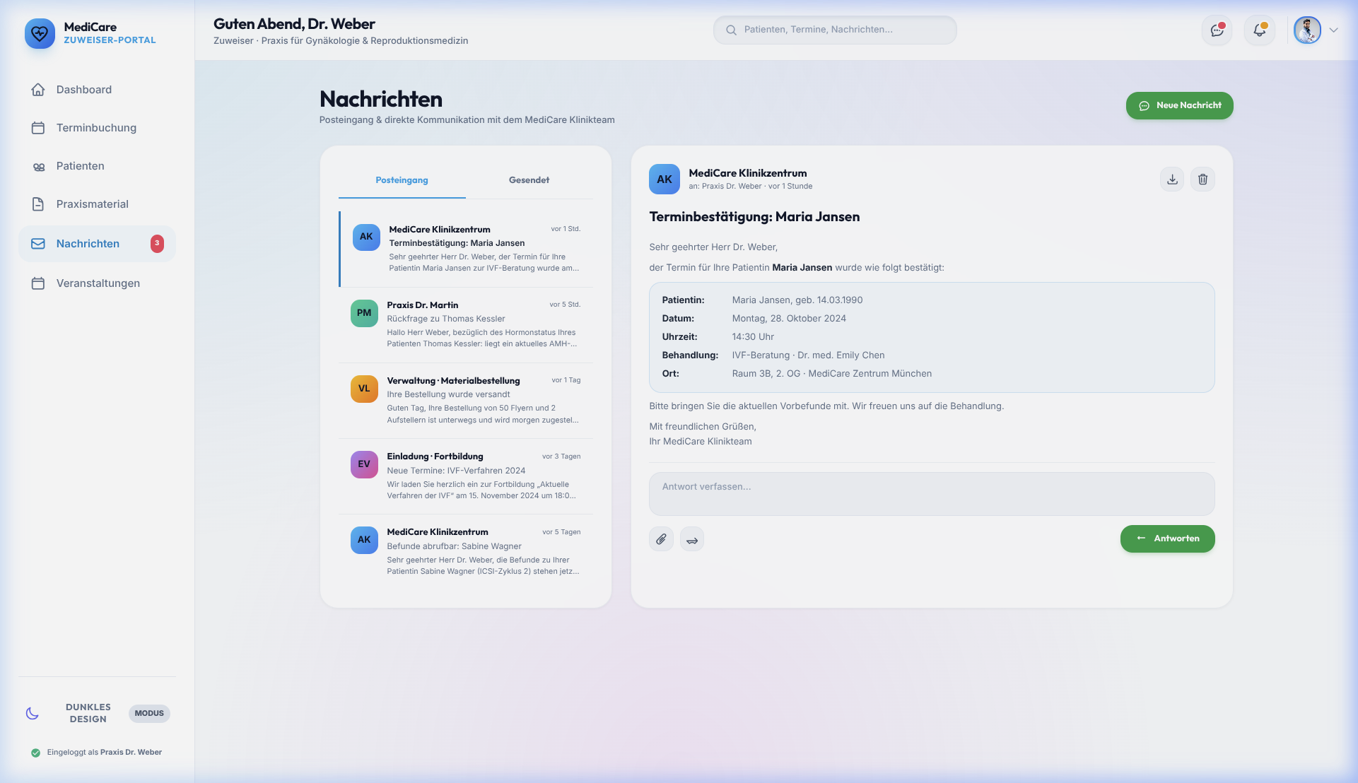 Zuweiserportal Messenger Echtansicht
